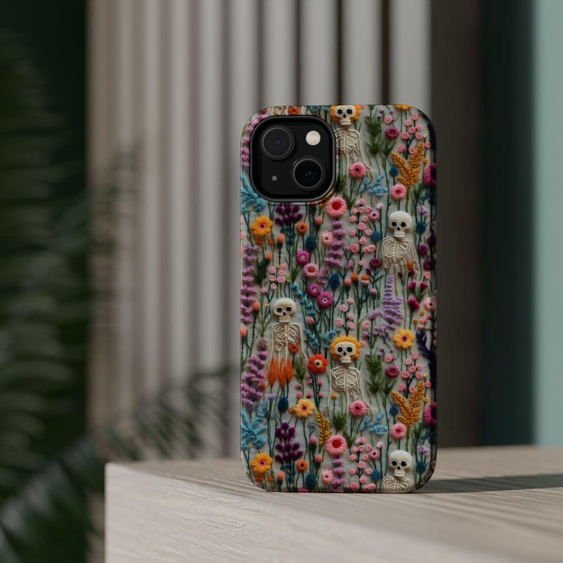 Vintage Skeletons in Bloom Halloween Magsafe Phone Case, iPhone 18 17 16 15 14 13 Pro Max Plus, Floral 3D Embroidered Phone Cover Skeletons image 9