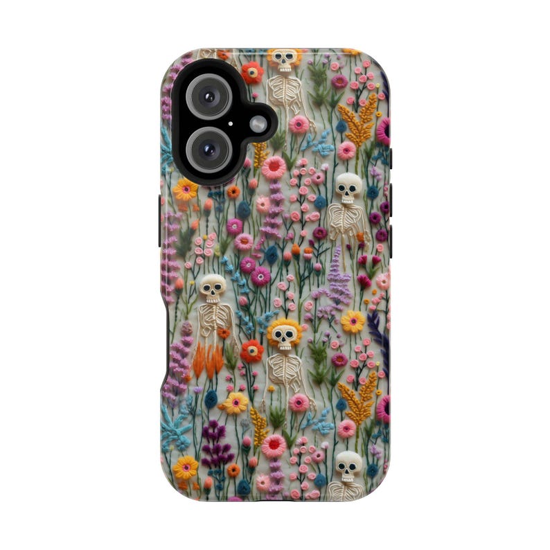 Vintage Skeletons in Bloom Halloween Magsafe Phone Case, iPhone 18 17 16 15 14 13 Pro Max Plus, Floral 3D Embroidered Phone Cover Skeletons image 2