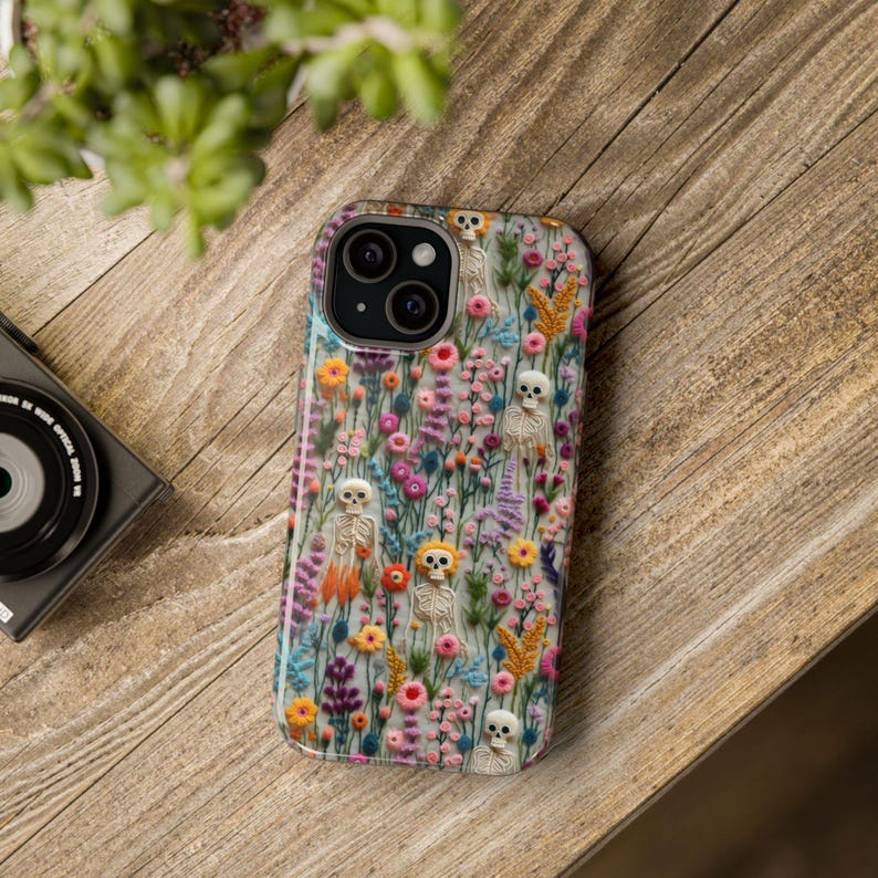 Vintage Skeletons in Bloom Halloween Magsafe Phone Case, iPhone 18 17 16 15 14 13 Pro Max Plus, Floral 3D Embroidered Phone Cover Skeletons image 8