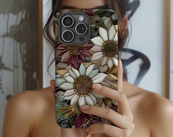 Magsafe Compatable Gold Beaded Burgundy Green Sunflower Phone Case, iPhone 17 16 15 14 13 Mini Pro Plus, Vintage Mosaic Beaded Phone Cases