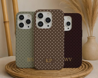 Personalized Polka Dot Phone Case, Soft Gold Custom Initials, Retro iPhone 17 16 16e 15 14 13 12 Pro Max Plus Mini, Pixel 10 Pro XL 9 8 7 6