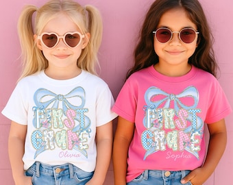 Custom Kids Name Back To School First Grade Shirt, Personalized Preppy 1st Grade Shirt for Girls, Elementary First Day Of School Outfit Girl