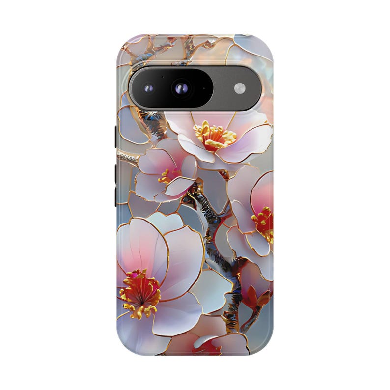 Cherry Blossom Stained Glass Phone Case, iPhone 17 16 15 14 13 12 11 Pro Max Plus, Google Pixel 9 8 7 6 5,Pink Wildflower Stained Glass Case image 9