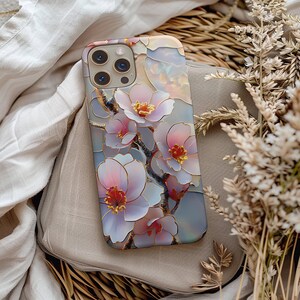 Cherry Blossom Stained Glass Phone Case, iPhone 17 16 15 14 13 12 11 Pro Max Plus, Google Pixel 9 8 7 6 5,Pink Wildflower Stained Glass Case image 2