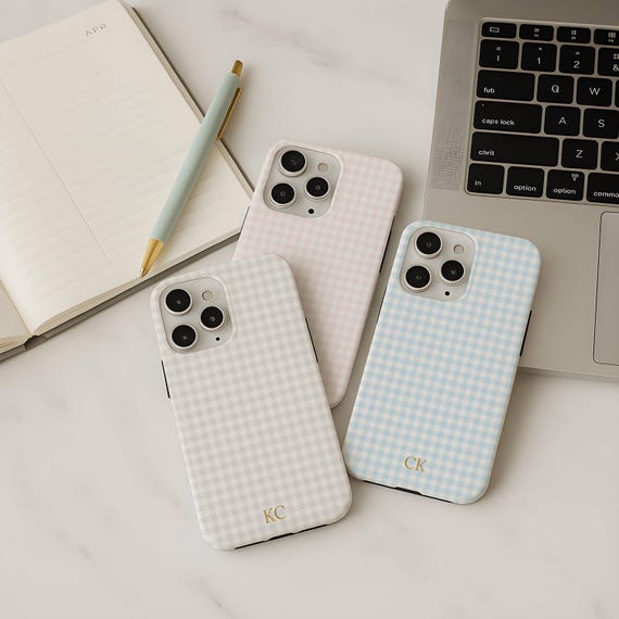 Personalized Gingham Phone Case Gold Monogram Initials, iPhone 17 16 15 14 13 Pro Max Plus Air, Galaxy S25 S24 S23 S22 S21 Google Pixel 9 8