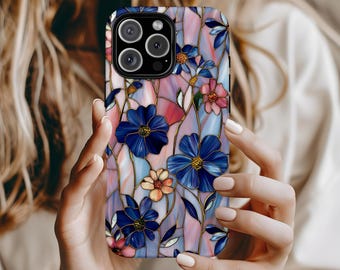 Wildflower Pressed Stained Glass Effect Phone Case, iPhone 16 Pro Plus 15 14 13 12, Google Pixel 9 8 7 6 5, Rose Gold Pink Blue Wildflowers