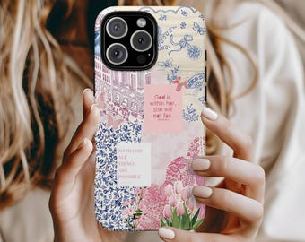 Custodia per telefono con collage rosa cristiano, iPhone 17 16 15 14 13 12 11 Pro Max Plus, Google Pixel 9 8 7 6 5 4, graziosa custodia per telefono con Gesù, regalo religioso