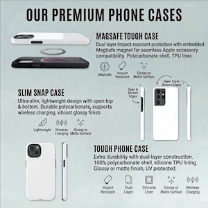 May include: Image showcasing premium phone cases, including MagSafe tough cases and slim snap cases. Features include impact resistance, wireless charging, and glossy or matte finishes. The cases are designed for durability and seamless accessory compatibility.