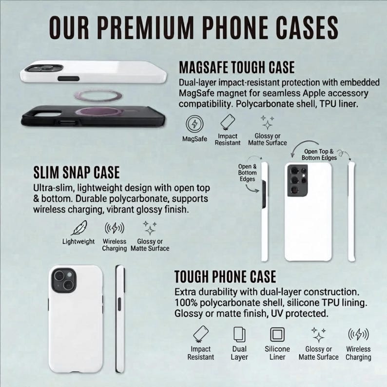 May include: Image showcasing premium phone cases, including MagSafe tough cases and slim snap cases. Features include impact resistance, wireless charging, and glossy or matte finishes. The cases are designed for durability and seamless accessory compatibility.