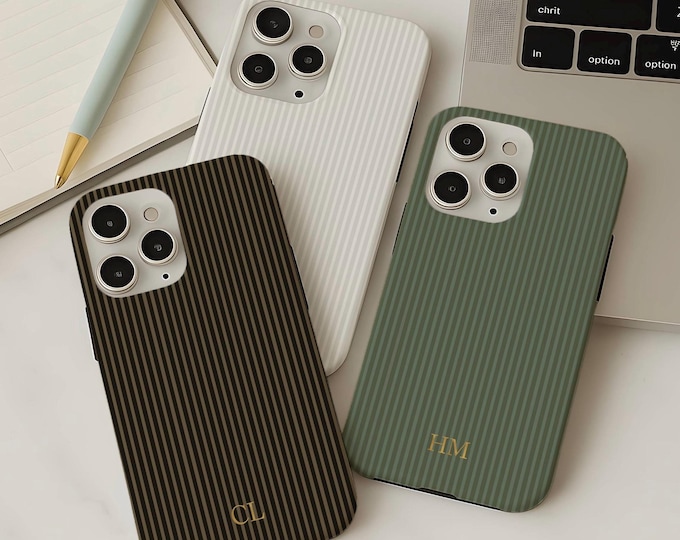 Personalized Stripe Phone Case Soft Gold Custom Initials, iPhone 18 17 16 16e 15 14 13 12 Pro Max Plus, Galaxy S26 S25 S24 S23 S22, Pixel 11