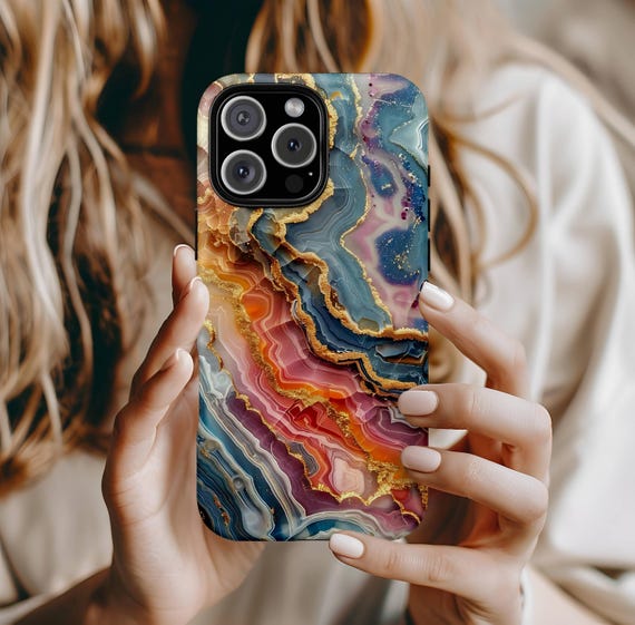 Sunset Agate Geode Teal Pink Gold Phone Case, iPhone 17 17e 16 16e 15 14 13 12 Mini Pro Max Plus, Pixel 10 Pro XL 9 8 7 6, Beachy Phone Case