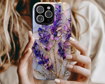 Lavender Pearl Stained Glass Effect Phone Case, iPhone 16 15 14 13 12 11 Mini Pro Max Plus, Google Pixel 9 8 7 6 5 Purple Floral Phone Cases