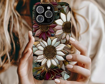 Stained Glass Sunflower Phone Case, iPhone 17 16 15 14 13 Pro Max Plus Mini, Pixel 10 9 8 7 6, Beaded Mosaic Case, Vintage Floral Phone Case