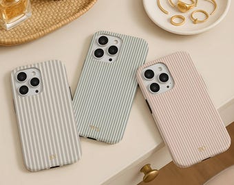 Personalized Stripe Phone Case Gold Effect Custom Initials, iPhone 17 16 15 14 13 Pro Max Plus Mini, Galaxy S26 S25 S24 S23 S22, Pixel 10 9