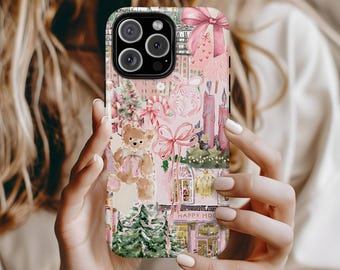 Pink Coquette Christmas Holiday Phone Case, iPhone 17 16 15 14 13 12 11 Mini Pro Max Plus, Magsafe Phone Cases,Collage Christmas Phone Cover