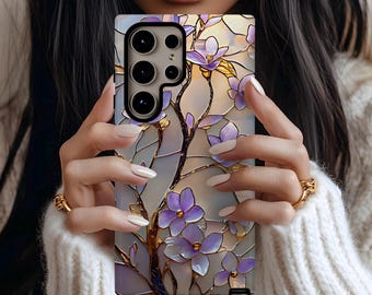 Telefoonhoesje met glas-in-loodeffect bloemen, Galaxy S26 S25 S24 Ultra Plus S23 S22 S21 S20, roségouden behuizing, paarse telefoonhoes parel, Mag Safe-hoesje