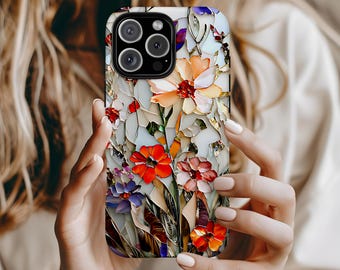 Wildflower Pressed Stained Glass Phone Case Mosaic Floral iPhone 16 15 14 13 12 11 Pro Max Plus, Google Pixel 9 8 7 6 5 4, Flat Lay Design