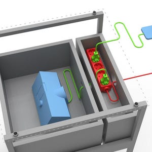 Puede incluir: Un marco de metal gris con dos compartimentos. Un compartimento contiene un dispositivo azul y el otro contiene una regleta de enchufes roja con enchufes verdes. Cables verdes y rojos est&aacute;n conectados a la regleta de enchufes.