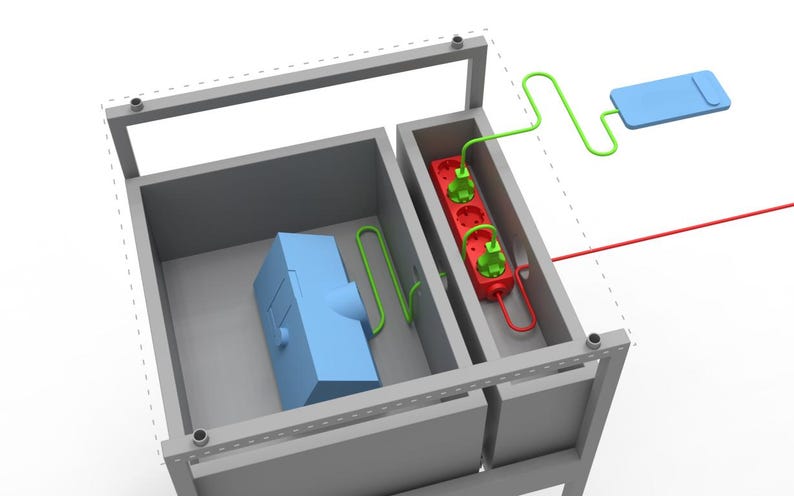 Puede incluir: Un marco de metal gris con dos compartimentos. Un compartimento contiene un dispositivo azul y el otro contiene una regleta de enchufes roja con enchufes verdes. Cables verdes y rojos est&aacute;n conectados a la regleta de enchufes.