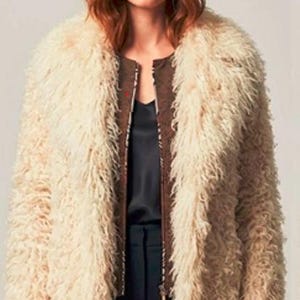 Luxurious Real Sheep Fur Jacket - Creamy White Curly Lamb Fur Coat - Elegant Mongolian Style Fur Shrug,Genuine Shearling Jacket-Gift for Her