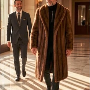 May include: A man wearing a long brown fur coat with a black turtleneck and black pants. Another man in a dark gray suit with a black tie walks beside him. Both men are walking in a well-lit hallway.