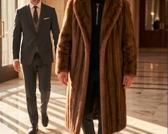 Nertsenbontjas - luxe geul van echt nertsbont - elegante bruine lange bontjas voor mannen - cadeau voor hem, nertsbontjas