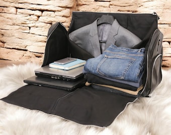 Personalized Buffalo Leather Duffel Bag | Convertible Suit Carrier, Shoe Compartment