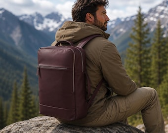 Mochila de cuero de grano completo hecha a mano, mochila de viaje grande, mochila personalizada