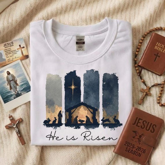 He Is Risen Shirt, Easter Nativity Scene Tee, Christian Bunny T-Shirt, Watercolor Jesus Manger Sweatshirt, Religious Faith Gift For Her
