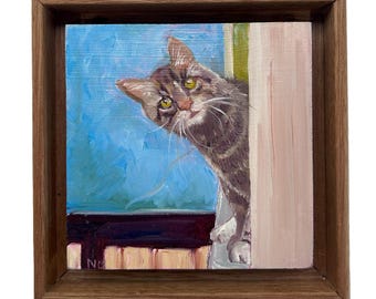 Original Mini Oil Painting : Tabby Cat on a Window Ledge