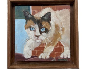 Pintura a óleo original em miniatura: Gato com casco de tartaruga