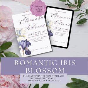 Puede incluir: Plantilla de invitación de boda con escritura elegante y diseño floral de iris. La invitación incluye los nombres Eleonora y Andreas, la fecha 27 de septiembre y la hora de la ceremonia. El diseño es en tonos morado, blanco y azul.