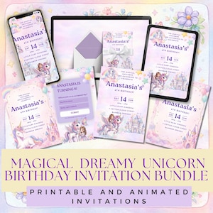 以下が含まれることがあります： ユニコーンをテーマにした、印刷可能でアニメーション化された誕生日招待状のコレクション。 ピンクと紫の色合いの招待状には、「Anastasia's 6th Birthday!」というテキストと、ユニコーン、城、虹のデザインが含まれています。