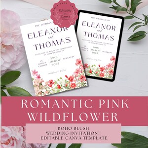 Convite de casamento com tema de flores silvestres rosa