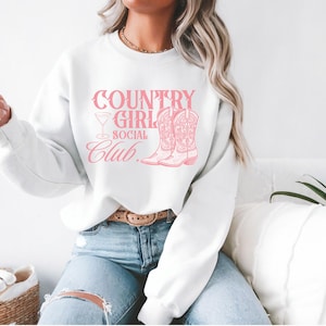 Sweat-shirt country girl Social Club, col rond confortable pour femme, vêtements de style occidental, parfait pour les amoureux de la campagne, tenue décontractée