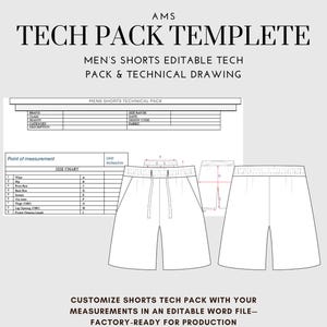 May include: A tech pack template for men's shorts, featuring a technical drawing and size chart. The image includes the text "TECH PACK TEMPLETE" and "MEN'S SHORTS EDITABLE TECH PACK & TECHNICAL DRAWING". The design is factory-ready for production.