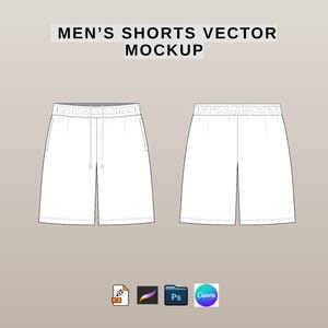 Op de afbeelding: Vector mockup van witte shorts met een tailleband met trekkoord. De tekst "MEN'S SHORTS VECTOR MOCKUP" wordt bovenaan weergegeven. De afbeelding bevat pictogrammen voor ontwerpsoftware.