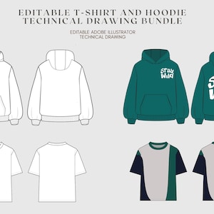 Peut inclure: Modèles de dessin technique pour un sweat à capuche et un t-shirt. Le sweat à capuche a une poche avant et le t-shirt a des manches courtes. Un design de sweat à capuche comporte le texte "Stay Wild" en blanc.