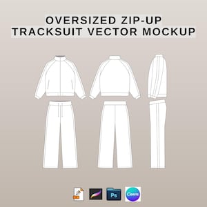 May include: White oversized zip-up tracksuit vector mockup. The design includes a jacket with a high collar and matching pants. The text "OVERSIZED ZIP-UP TRACKSUIT VECTOR MOCKUP" is displayed at the top. The image also includes icons for design software.