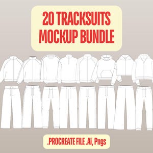 Op de afbeelding: Een digitaal mockup-pakket met 20 witte trainingspakontwerpen, inclusief diverse jacks en broeken met trekkoorden. De tekst 20 TRACKSUITS MOCKUP BUNDLE en .PROCREATE FILE .Ai, Pngs wordt in het rood weergegeven.