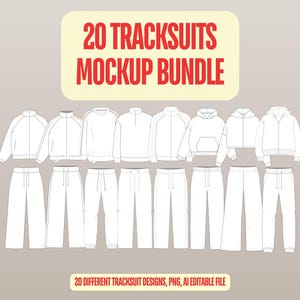 Może przedstawiać: Cyfrowy pakiet makiet zawierający 20 wzorów białych dresów, w tym różne style kurtek i spodni. Grafika zawiera tekst 20 TRACKSUITS MOCKUP BUNDLE na górze oraz 20 DIFFERENT TRACKSUIT DESIGNS, PNG, AI EDITABLE FILE na dole.