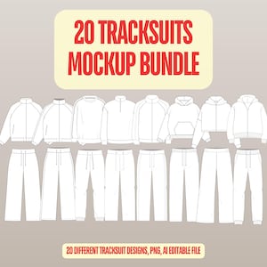 May include: A digital mockup bundle featuring 20 white tracksuit designs, including various jackets and trousers styles. The graphic displays the text 20 TRACKSUITS MOCKUP BUNDLE at the top and 20 DIFFERENT TRACKSUIT DESIGNS, PNG, AI EDITABLE FILE at the bottom.
