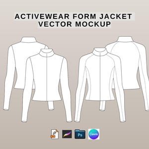 May include: A vector mockup of an activewear form jacket featuring front and back views in white with black outlines. The text ACTIVEWEAR FORM JACKET VECTOR MOCKUP is displayed at the top, with four small software icons at the bottom of the image.
