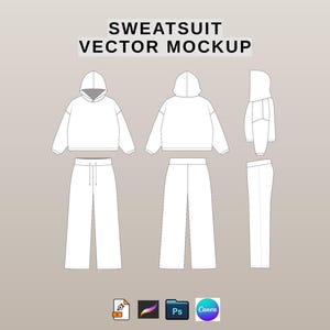 Puede incluir: Maqueta vectorial de chándal blanco. La imagen muestra una sudadera con capucha y pantalones de pernera ancha en vistas frontal, trasera y lateral. El texto "SWEATSUIT VECTOR MOCKUP" está en la parte superior. Iconos de software de diseño en la parte inferior.