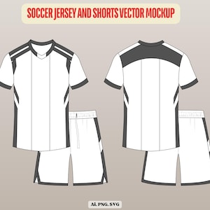 May include: A white soccer jersey and shorts vector mockup with dark gray accents. The design displays front and back views of the shirt and shorts. The text SOCCER JERSEY AND SHORTS VECTOR MOCKUP is at the top, and AI, PNG, SVG is at the bottom.
