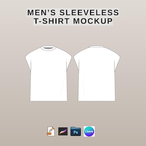 May include: White sleeveless t-shirt mockup. The image shows the front and back of a white sleeveless t-shirt. The text at the top reads "MEN'S SLEEVELESS T-SHIRT MOCKUP". The background is a solid light brown colour. There are also several app icons at the bottom.