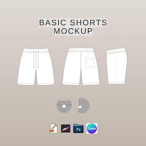 Pode incluir: Maquete de shorts básicos brancos com três vistas: frontal, traseira e lateral. A vista frontal mostra uma cintura com cordão. A vista traseira inclui um bolso. O texto "BASIC SHORTS MOCKUP" está no topo.