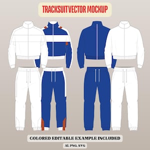 May include: A digital tracksuit vector mockup featuring four sets of jackets and trousers in white and blue colourways. The text TRACKSUITVECTOR MOCKUP appears at the top, and COLORED EDITABLE EXAMPLE INCLUDED AI, PNG, SVG is at the bottom.