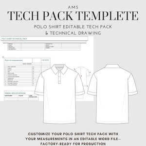 May include: A white polo shirt technical drawing with front and back views, a size chart, and fabric specifications. The image includes the text "TECH PACK TEMPLETE" and "POLO SHIRT EDITABLE TECH PACK & TECHNICAL DRAWING".