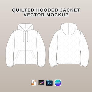 Gewatteerde jas Vector mockup oversized jas met capuchon Flat Technical Drawing, AI, SVG, png